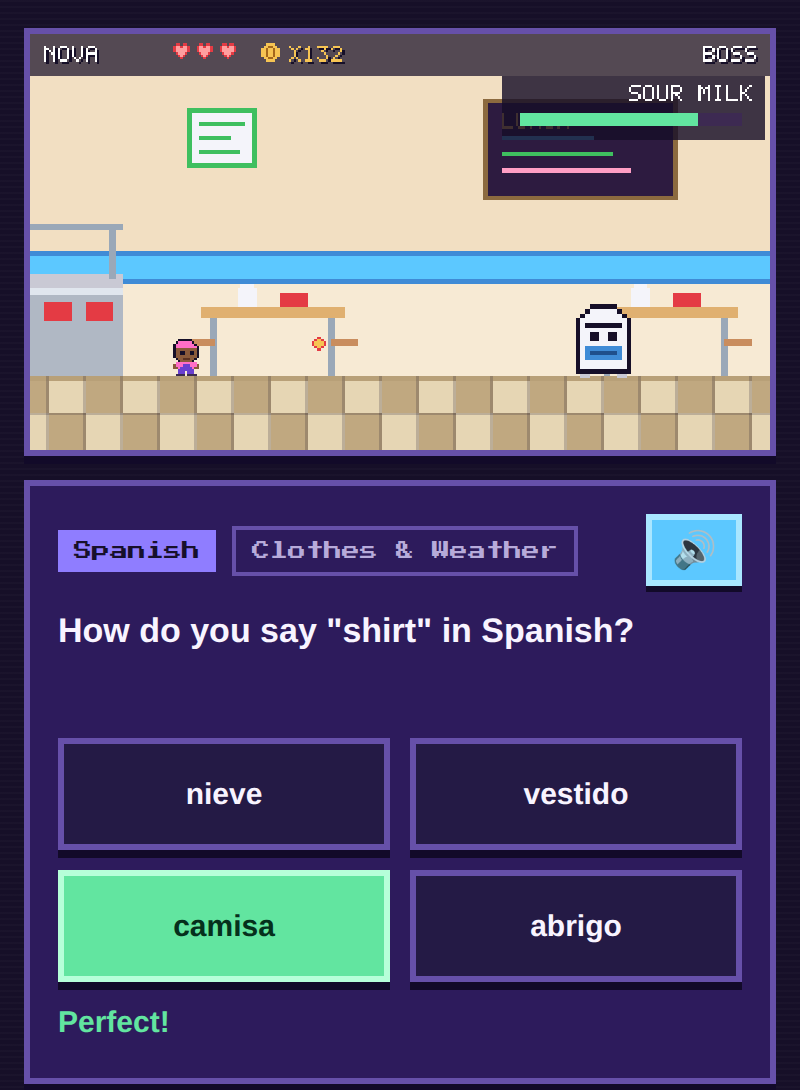 A boss fight against Sour Milk. The question asks how to say shirt in Spanish, and camisa is marked correct.