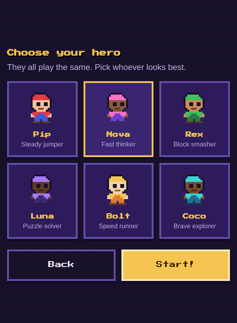 The hero picker: six pixel-art kids named Pip, Nova, Rex, Luna, Bolt and Coco.