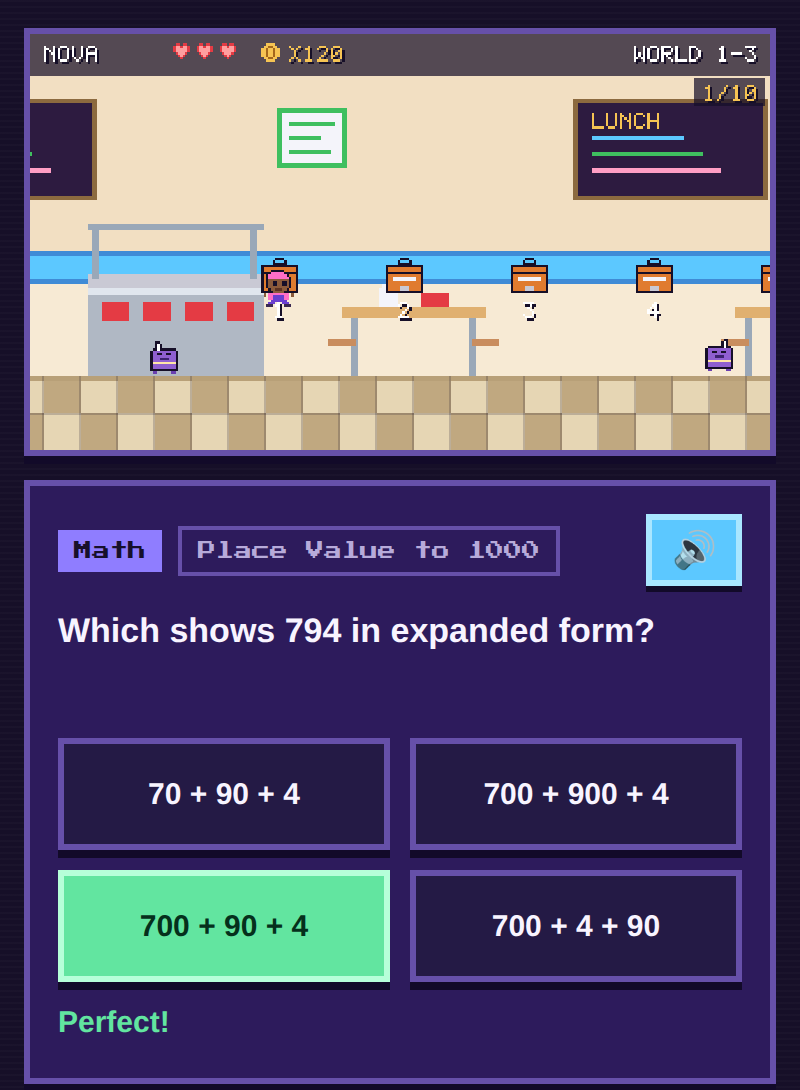 A level in the cafeteria. The question asks which shows 794 in expanded form, and 700 + 90 + 4 is marked correct.